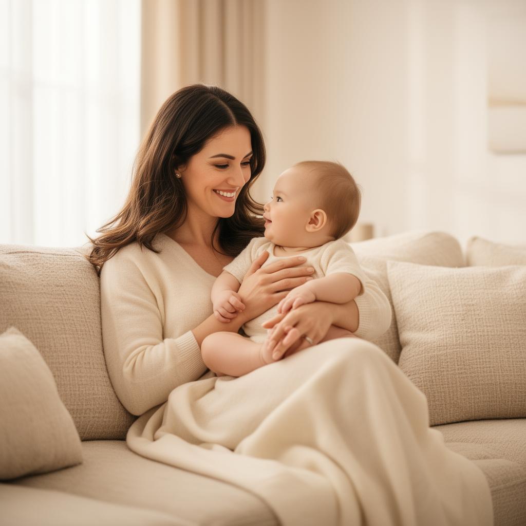 A mother smiling and lovingly holding her baby