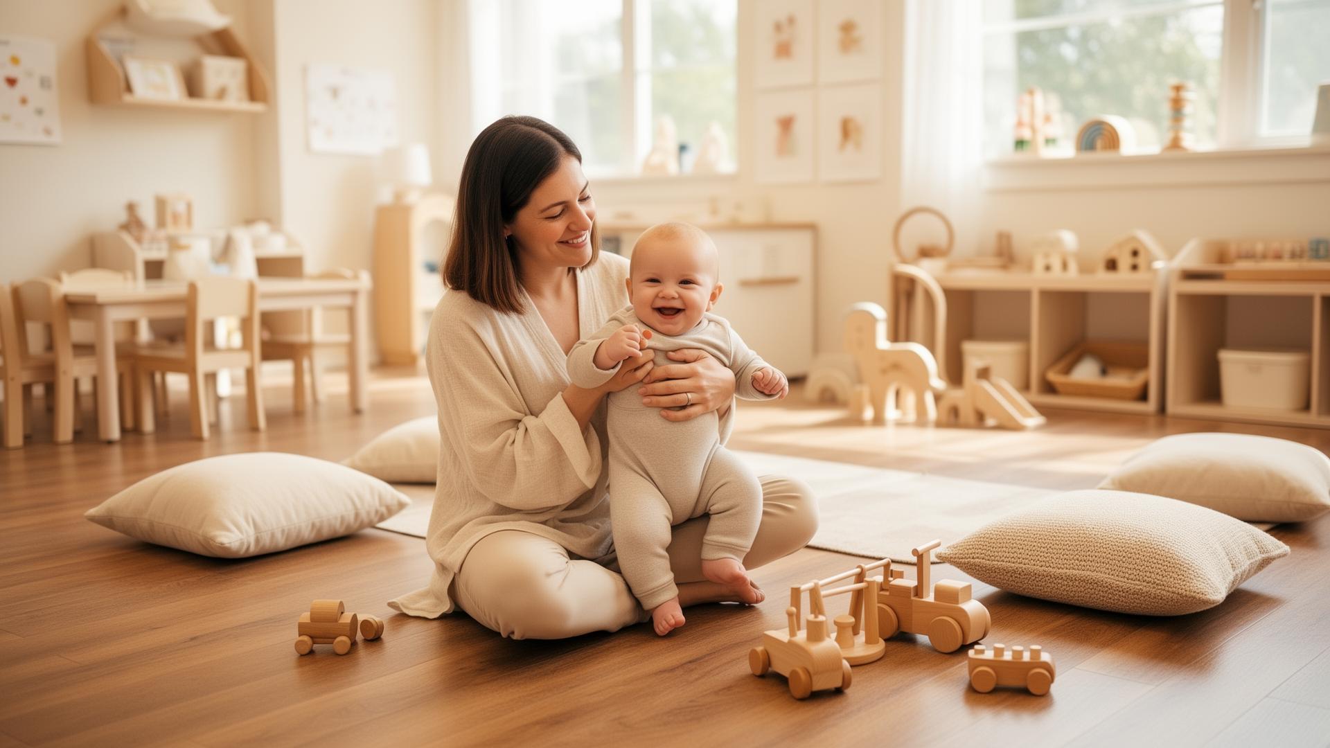 A caregiver lovingly holding a smiling baby in a warm, sunlit classroom