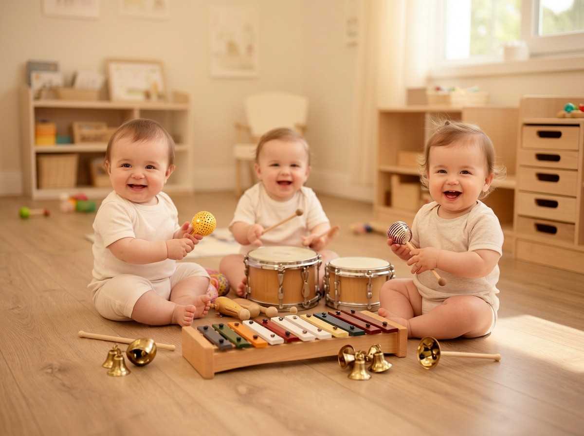Babies and toddlers playing with xylophones, bells, and drums in a warm, calm classroom