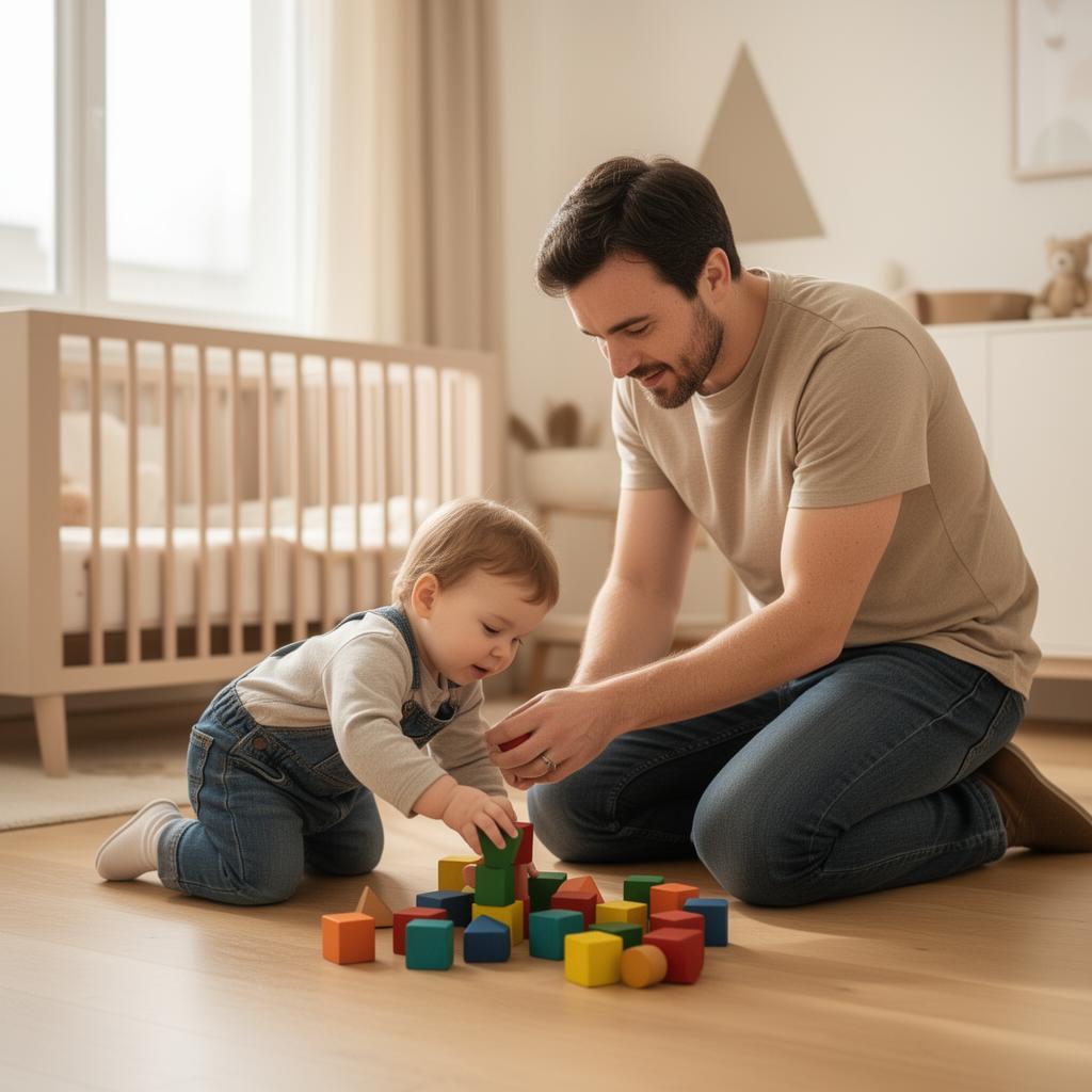 A father playing gently with his toddler on a nursery floor